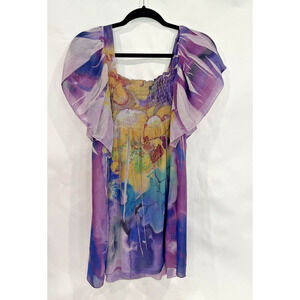 Unity World Wear Top Ladies L Purple Floral Flare Sleeves Butterfly Fairy Whimsy